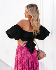 Aspiring Satin Off The Shoulder Crop Top - Black Oshnow