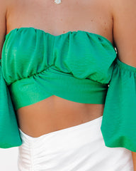 Aspiring Satin Off The Shoulder Crop Top - Green Oshnow