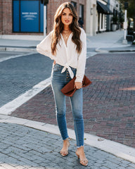 Attention To Detail Button Down Tie Blouse - White Oshnow