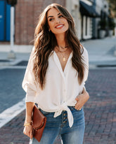 Attention To Detail Button Down Tie Blouse - White Oshnow