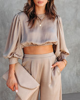 Attention Please Balloon Sleeve Crop Top - Taupe
