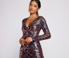 Ayla Formal Long Sleeve Sequin Scroll Dress Oshnow