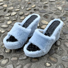 Chic Fur Platform Wedge Slippers