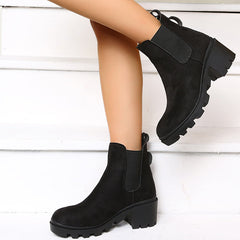 Black Chelsea Lug Sole Ankle Boots Pull On Low Heel Booties