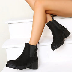 Black Chelsea Lug Sole Ankle Boots Pull On Low Heel Booties