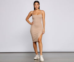 Basic Essential Ribbed Knit Midi Dress Oshnow