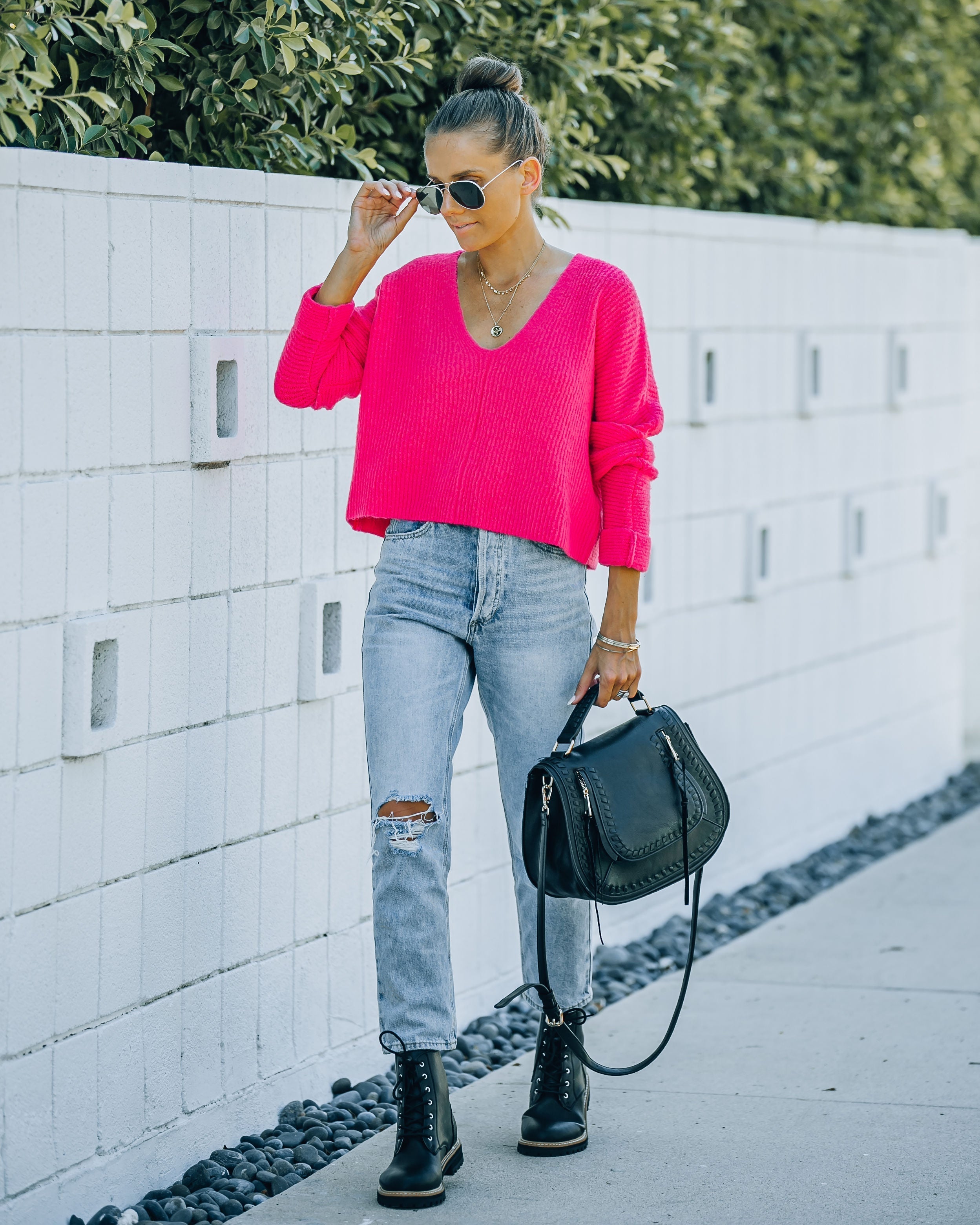 Basin Cropped Knit Sweater - Hot Pink Oshnow