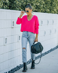 Basin Cropped Knit Sweater - Hot Pink Oshnow