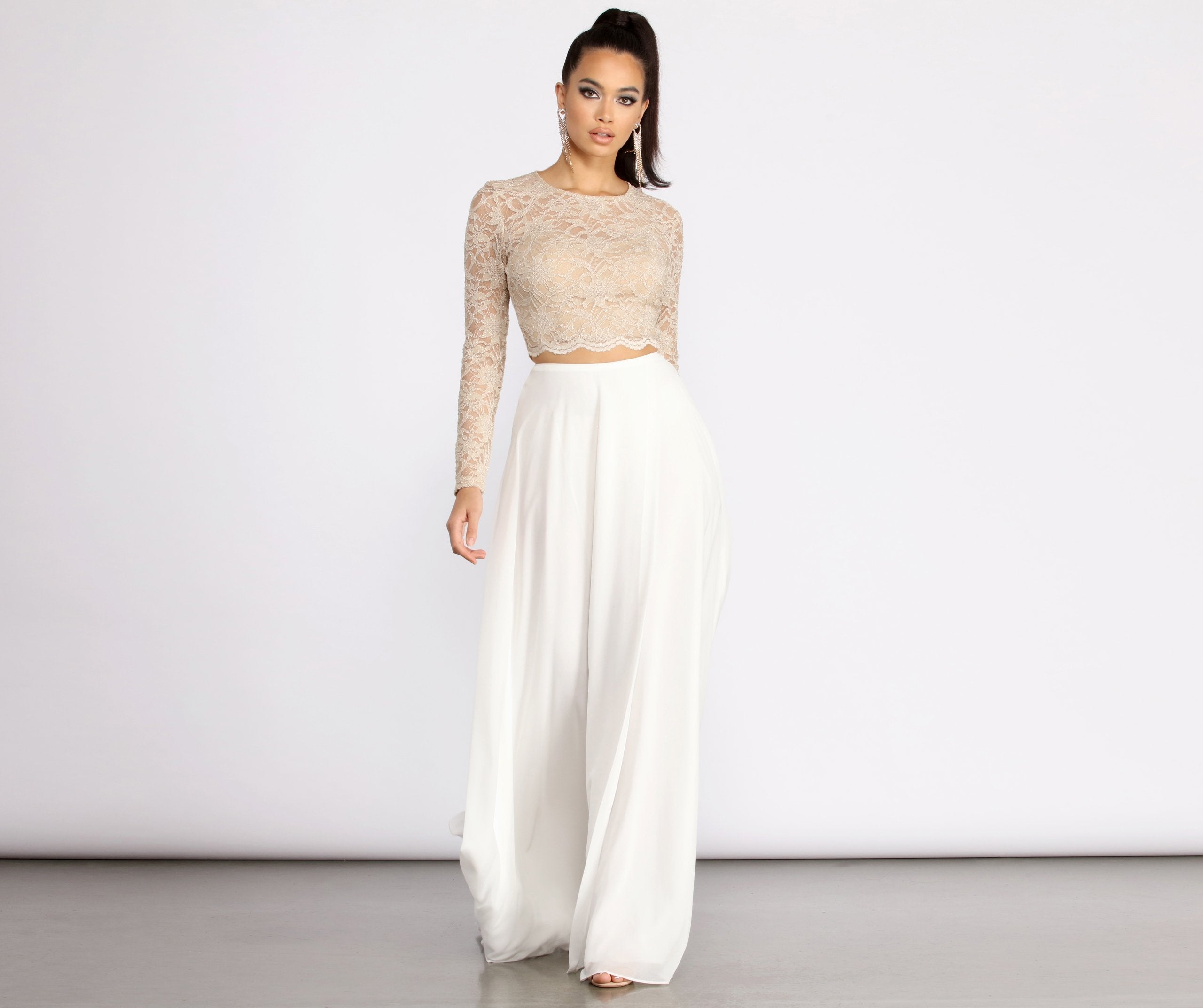 Baylee Scallop Glitter Lace Two Piece Chiffon Dress Oshnow