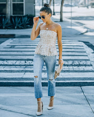 Bellany Strapless Tweed Peplum Top - Ivory Pink Oshnow