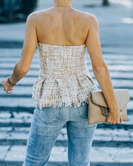 Bellany Strapless Tweed Peplum Top - Ivory Pink Oshnow