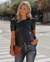Benefit Puff Sleeve Faux Leather Top - Black Oshnow