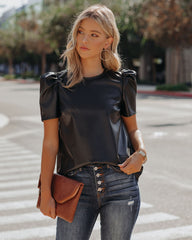 Benefit Puff Sleeve Faux Leather Top - Black Oshnow
