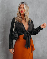 Best Bet Satin Collared Tie Blouse - Black Oshnow