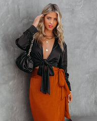 Best Bet Satin Collared Tie Blouse - Black Oshnow