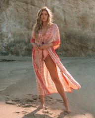 Blue Crush Printed Metallic Duster Kimono - Blush Oshnow