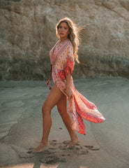 Blue Crush Printed Metallic Duster Kimono - Blush Oshnow