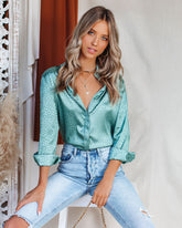 Blue Moon Satin Embossed Button Down Blouse - Jade Oshnow