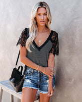 Bonus Points Striped Lace Top - Black Oshnow