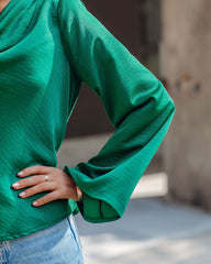 Booked Solid Satin Cowl Neck Blouse - Green Oshnow