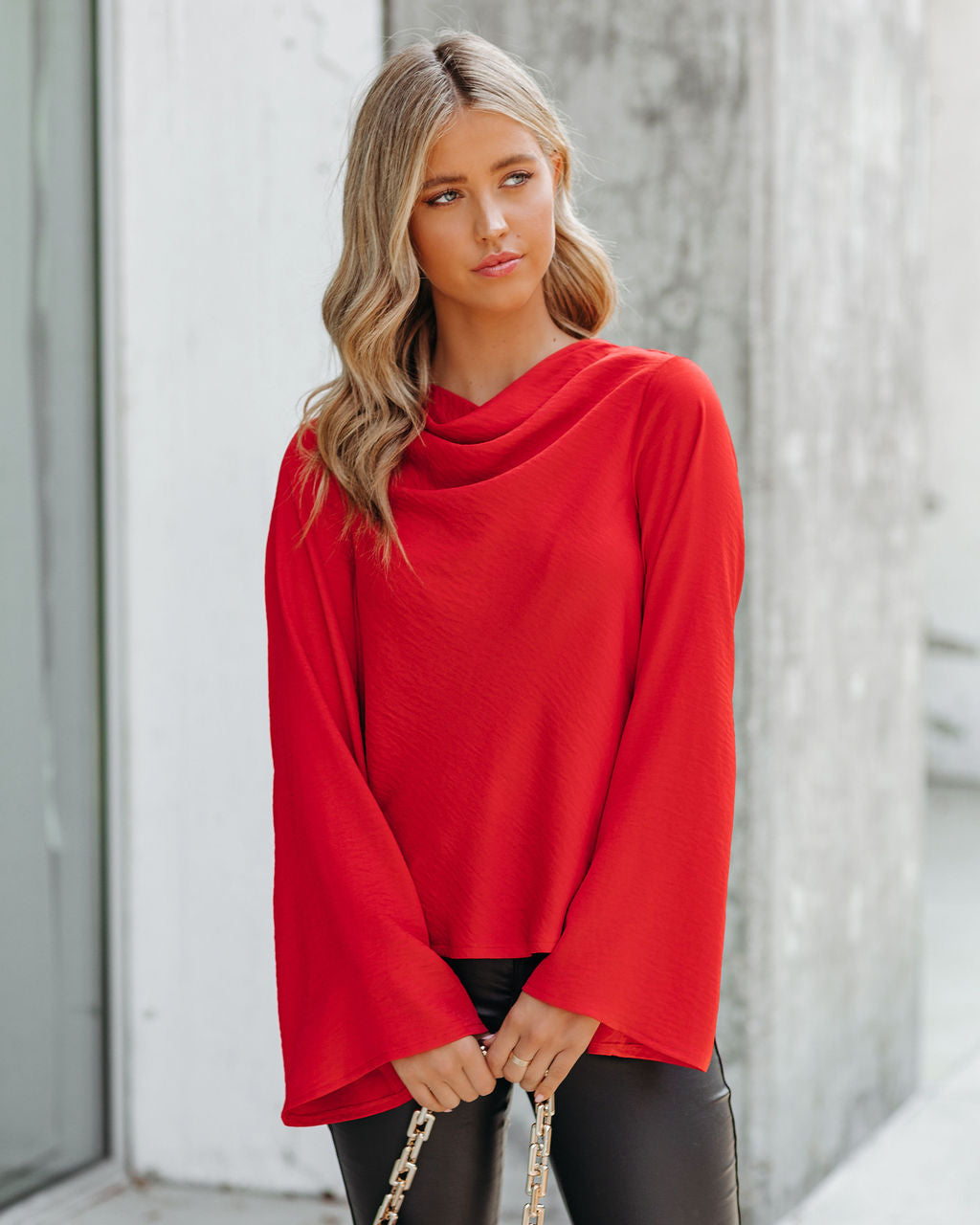 Booked Solid Satin Cowl Neck Blouse - Red Oshnow
