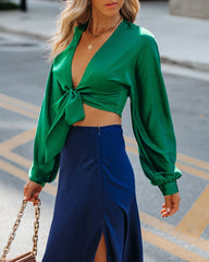 Brenda Satin Tie Front Crop Blouse - Green Oshnow