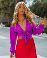 Brenda Satin Tie Front Crop Blouse - Magenta Oshnow