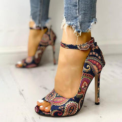 Ethnic Print Peep Toe Ankle Strap Thin Heeled Sandals