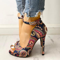 Ethnic Print Ankle Strap High Heels