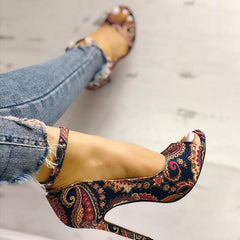 Ethnic Print Peep Toe Ankle Strap Thin Heeled Sandals