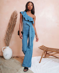 Cameran Cotton One Shoulder Flare Jumpsuit - Denim