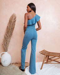 Cameran Cotton One Shoulder Flare Jumpsuit - Denim