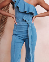 Cameran Cotton One Shoulder Flare Jumpsuit - Denim