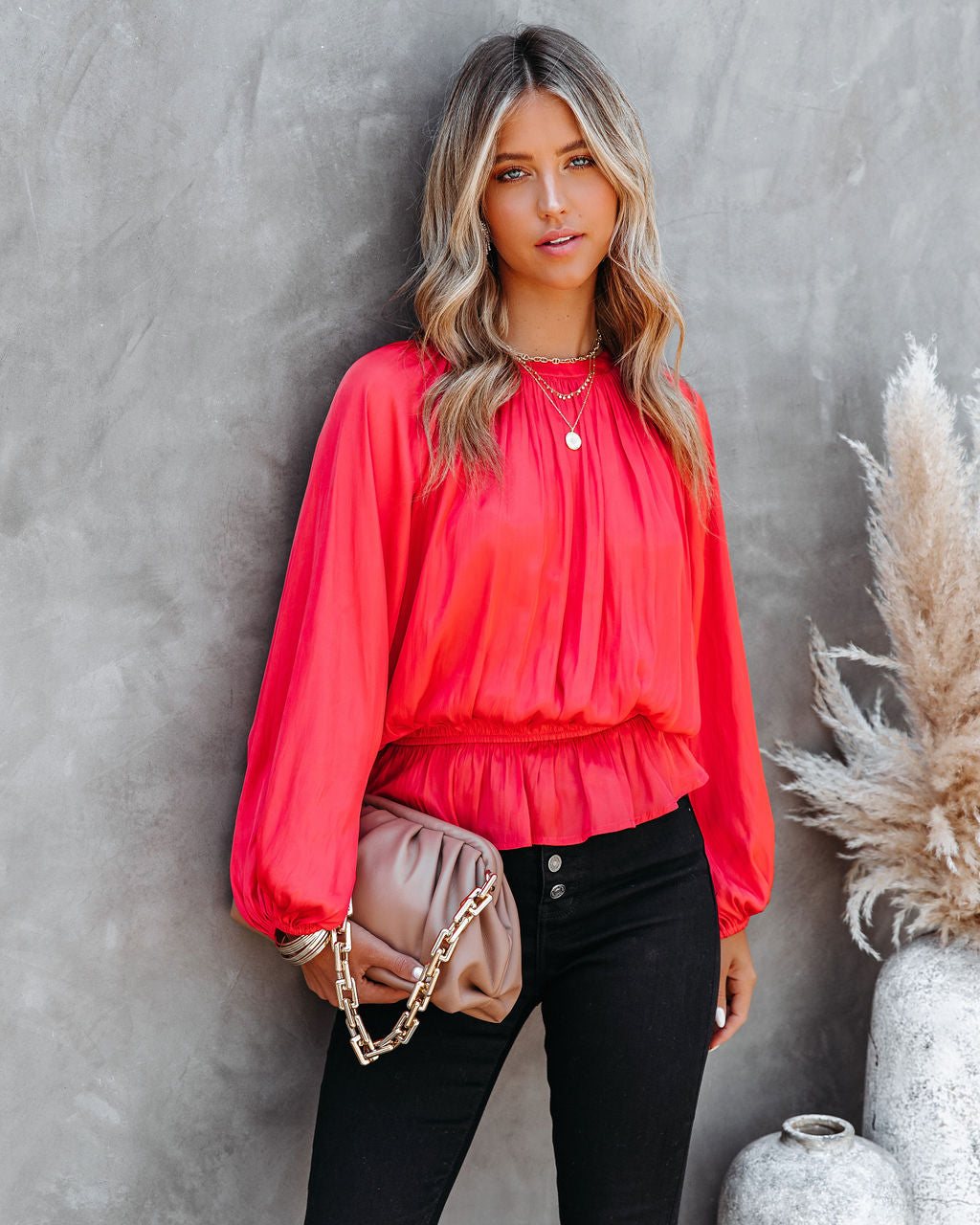 Cappa Satin Peplum Blouse - Coral Oshnow