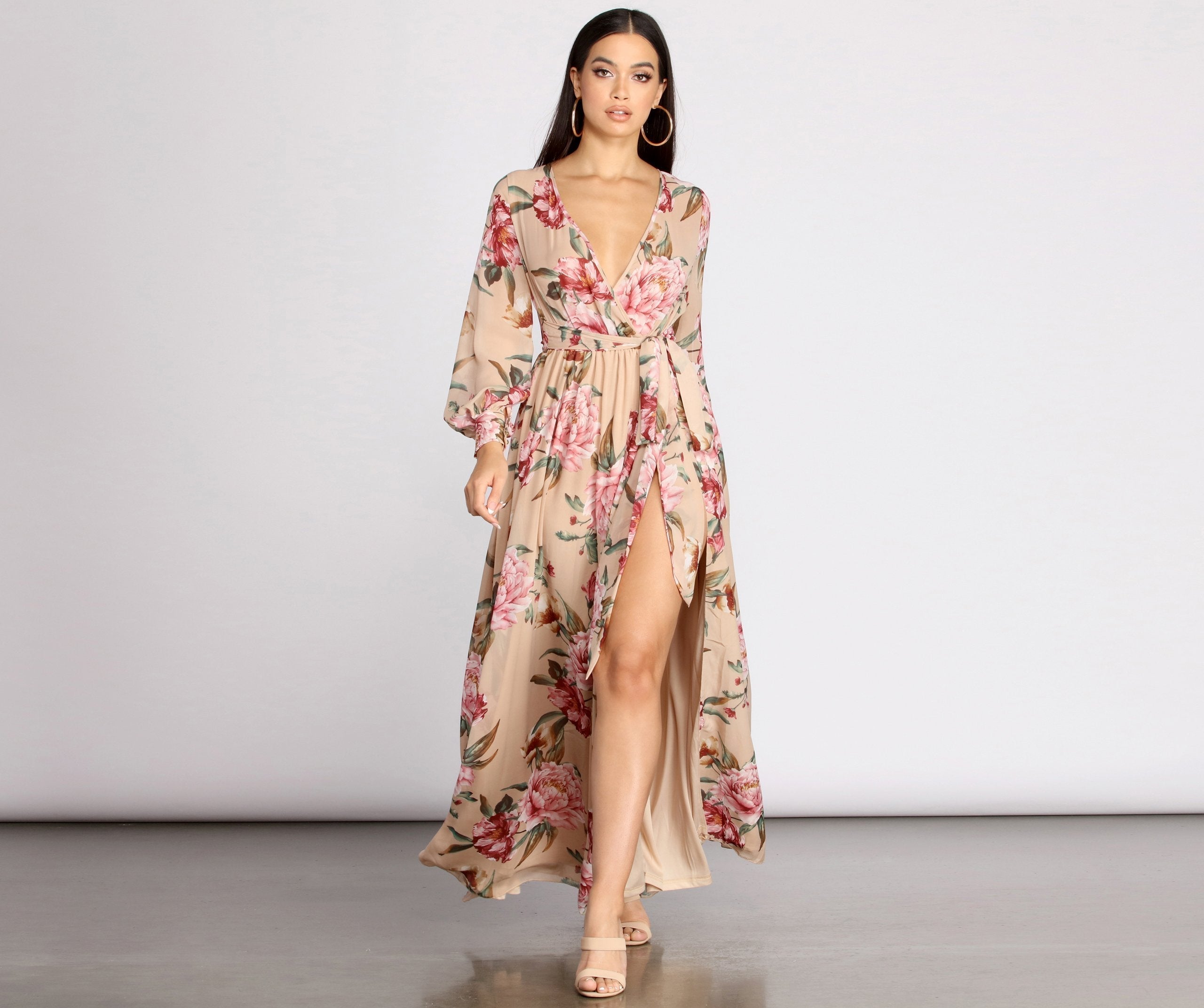 Caralisa Floral Chiffon High Slit Dress Oshnow
