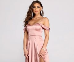 Cassia Lace-Up Back Off Shoulder Satin Dress Oshnow