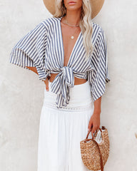 Chi Cotton Blend Striped Tie Top - Ink Oshnow