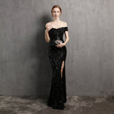 Clara Glitter Off the Shoulder Split Dress For Prom Oshnow