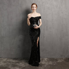 Clara Glitter Off the Shoulder Split Dress For Prom Oshnow