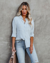 Cobie Cotton Frayed Button Down Top - Light Blue Oshnow