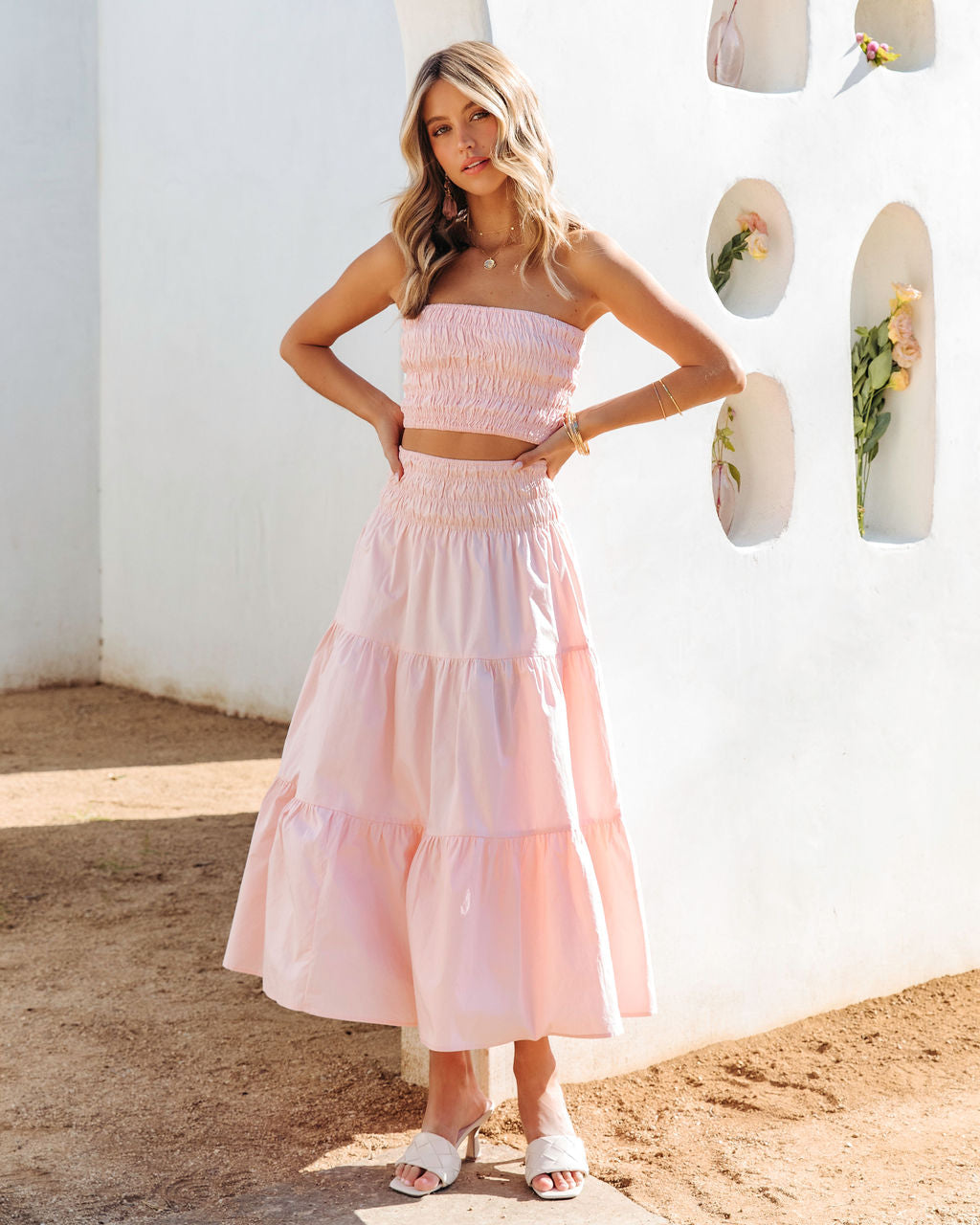 Cove Haven Smocked Tiered Midi Skirt - Blush Oshnow