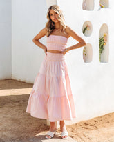 Cove Haven Smocked Tiered Midi Skirt - Blush Oshnow
