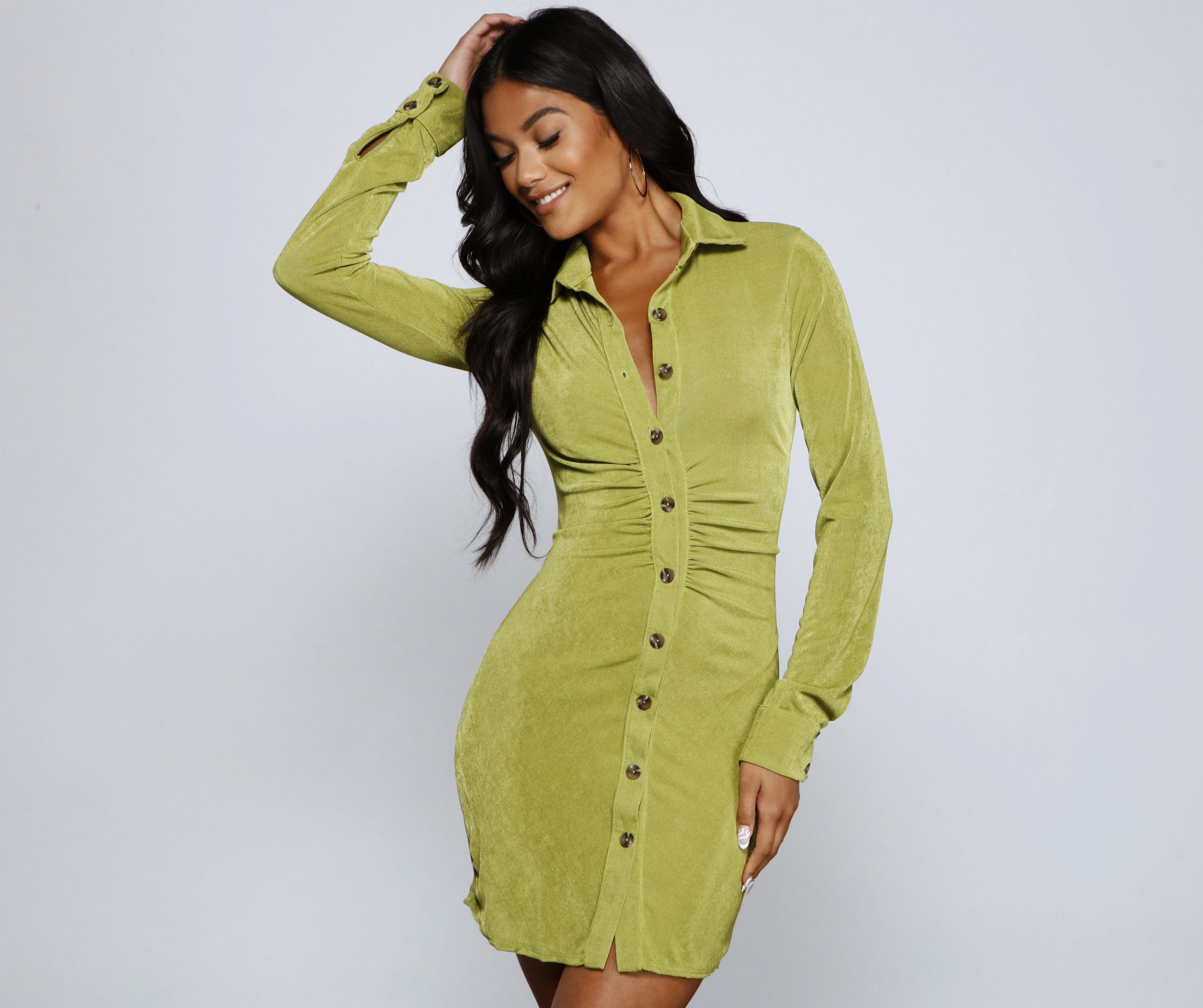 Crazy About Ruche Collared Mini Dress Oshnow