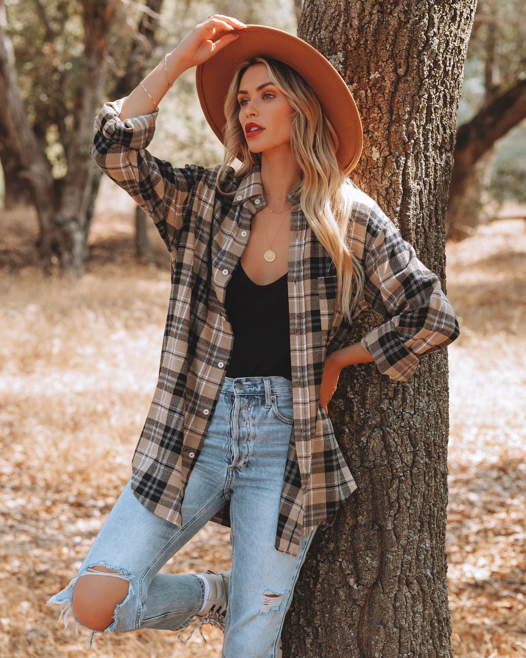 Crescent Moon Cotton Blend Plaid Button Down Top Oshnow