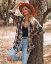 Crescent Moon Cotton Blend Plaid Button Down Top Oshnow