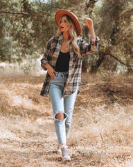 Crescent Moon Cotton Blend Plaid Button Down Top Oshnow