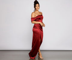 Cynthia Off-The-Shoulder Satin Formal Dress Oshnow
