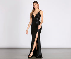 Cyra Metallic Deep V High Slit Dress Oshnow