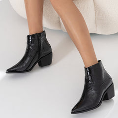 Black Western Ankle Boots Side Zipper Chunky Block Heel Booties