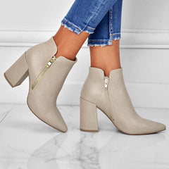 Chunky Heel Booties Pointed Toe Side Zip Ankle Boots